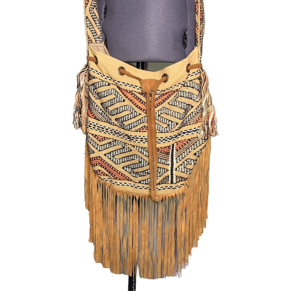 Vtg Y2K Boho Crossbody Bag Fringe Woven Festival Coachella Tribal a+p Denim